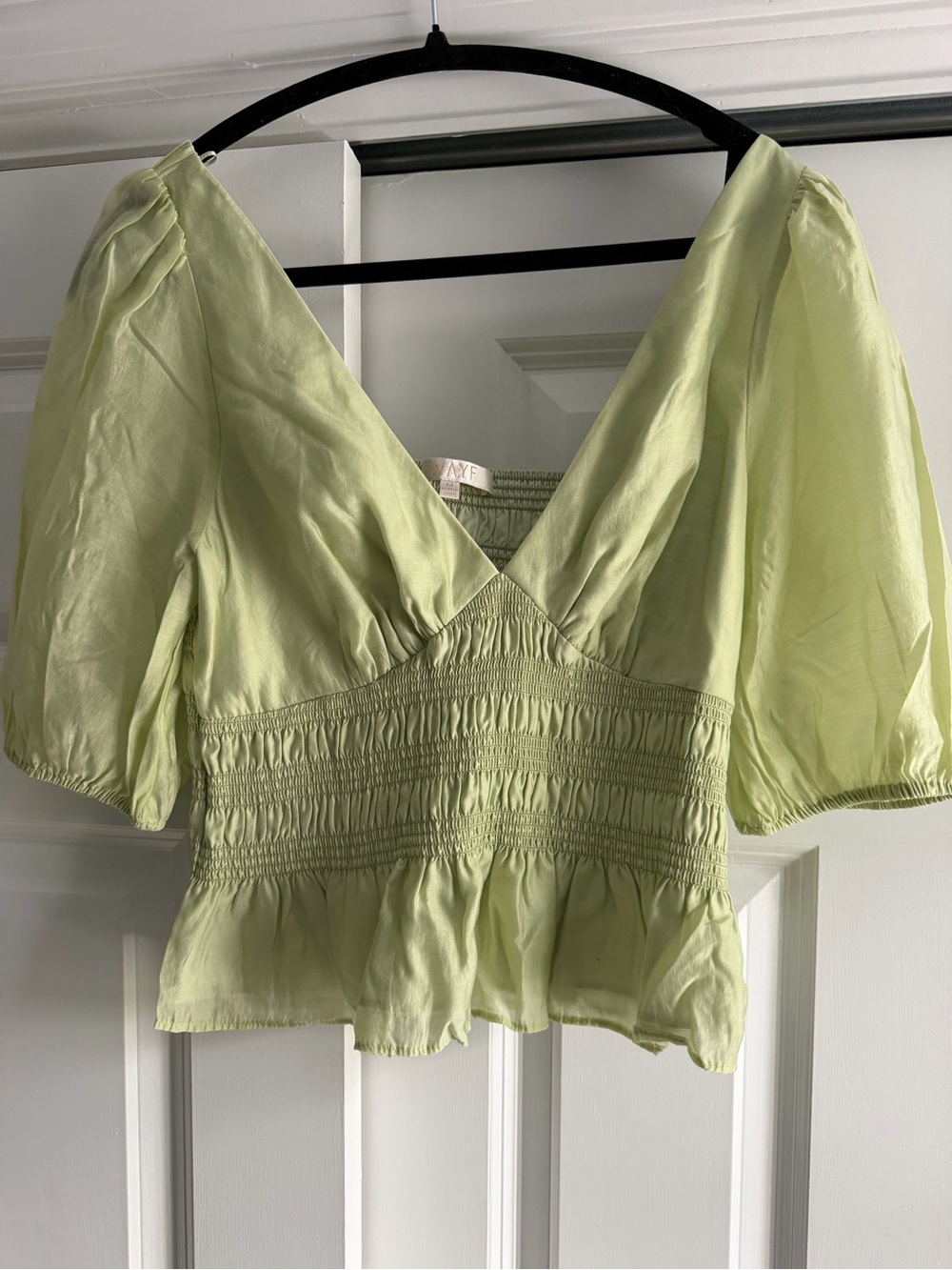 Wayf Light Green V-Neck Smocked Peplum Puff Sleeve Top